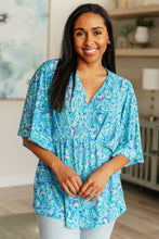 Load image into Gallery viewer, Dreamer Peplum Top in Blue and Teal Paisley