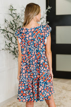 Load image into Gallery viewer, Petal to the Metal Flutter Sleeve Dress in Navy/Coral