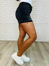 Load image into Gallery viewer, Sunset Stroll Distressed Hem Shorts in Washed Black