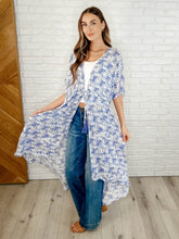 Load image into Gallery viewer, Tropical Print Gauze Kimono with Elastic Waist Tie in Periwinkle