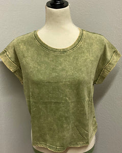 WASHED COTTON CUFFED SHORT SLEEVE TOP