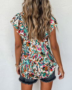Abstract Ruffle Short Sleeve Blouse
