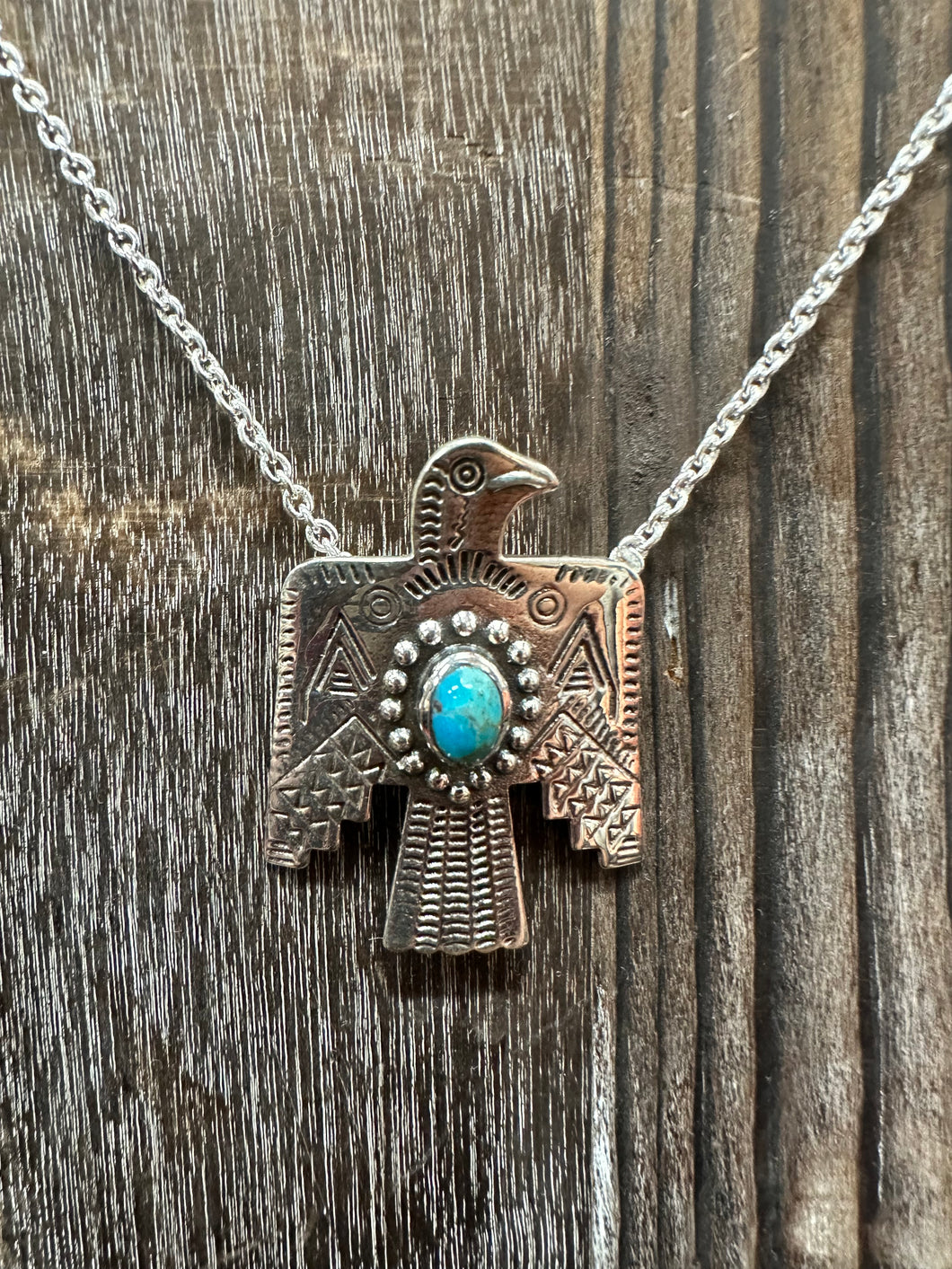 Genuine Turquoise Thunderbird Sterling Silver Pendant Necklace