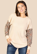 Load image into Gallery viewer, Cozy Calling Plaid Sleeve Sweater

