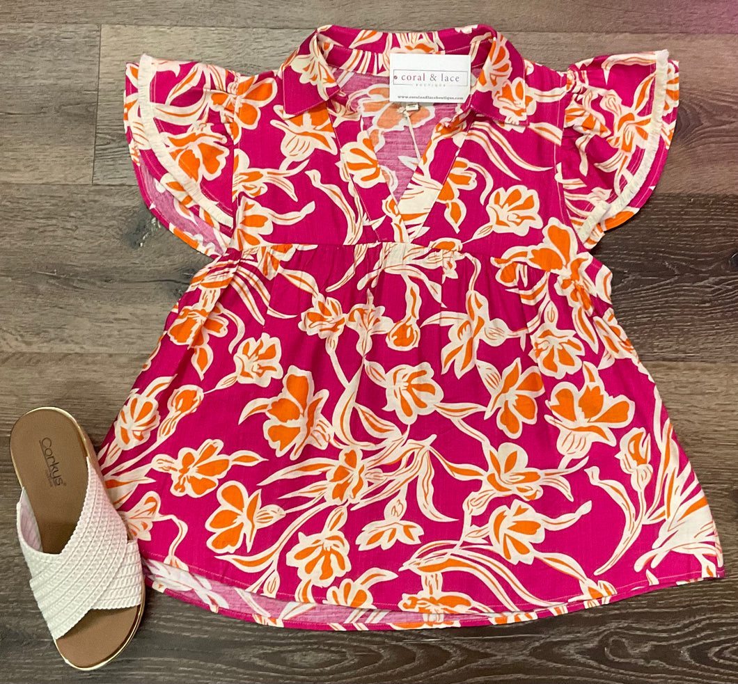 Tropic Bloom Flutter Sleeve Top