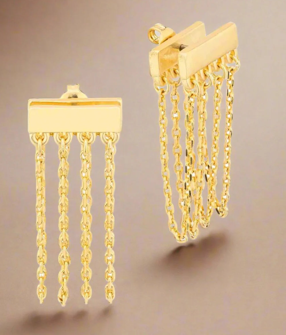Front and Back Drop Chain Tassel Post Back Earrings