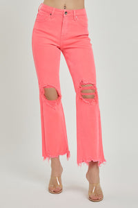 Valentina Distressed Straight Leg High Rise Knee Coral Jeans by Risen