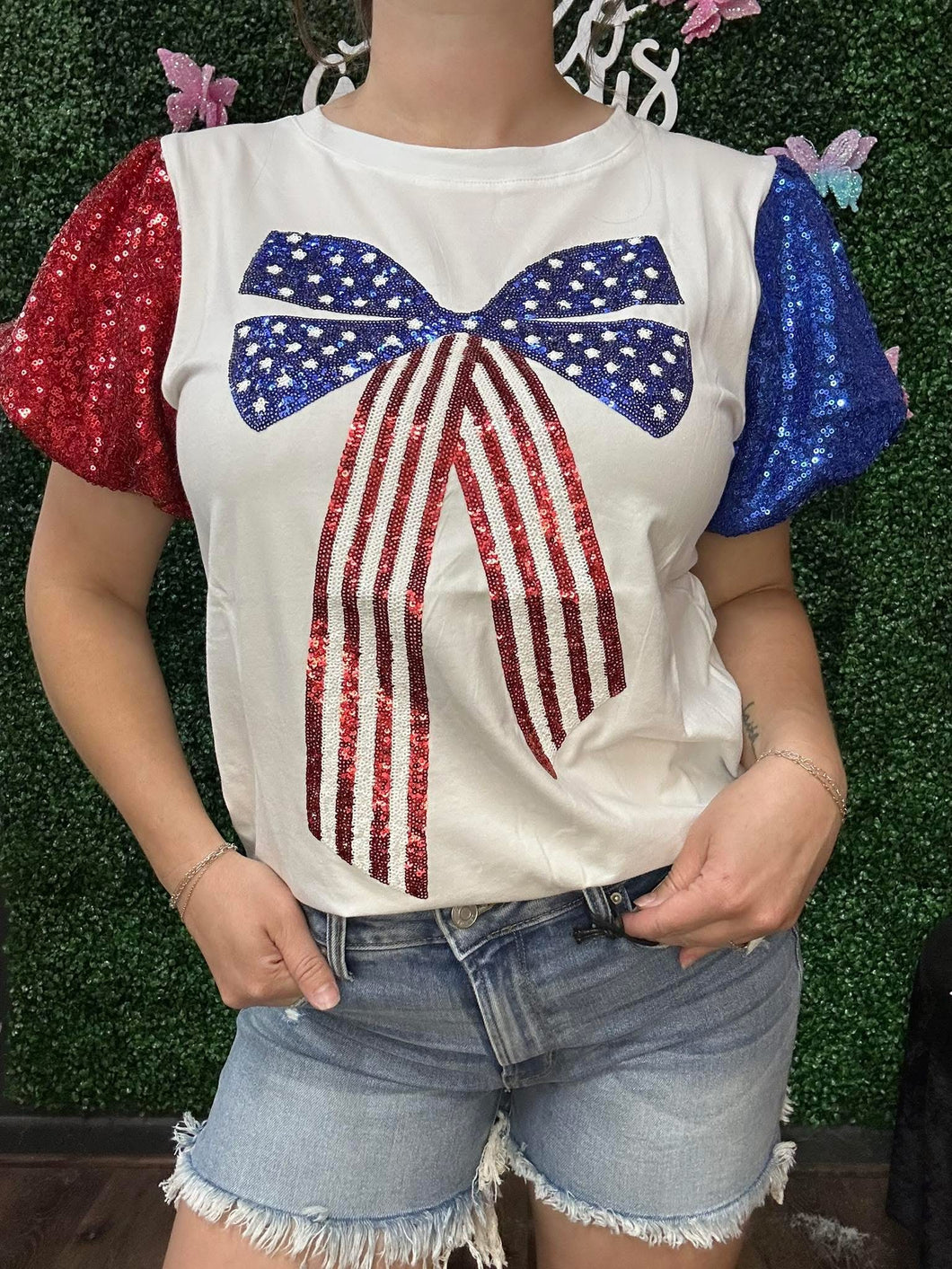 Red White and Bow Sequin Top