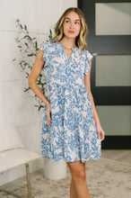Load image into Gallery viewer, Lizzy Flutter Sleeve Dress in White and Blue Floral
