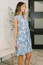 Load image into Gallery viewer, Lizzy Flutter Sleeve Dress in White and Blue Floral
