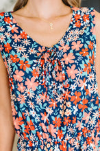Load image into Gallery viewer, Meadow Mischief Sleeveless Romper in Navy/Orange/Teal
