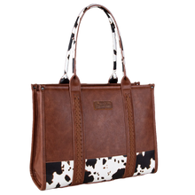 Load image into Gallery viewer, Wrangler Ladies Cow Print Concealed Carry Brown Wide Tote large
