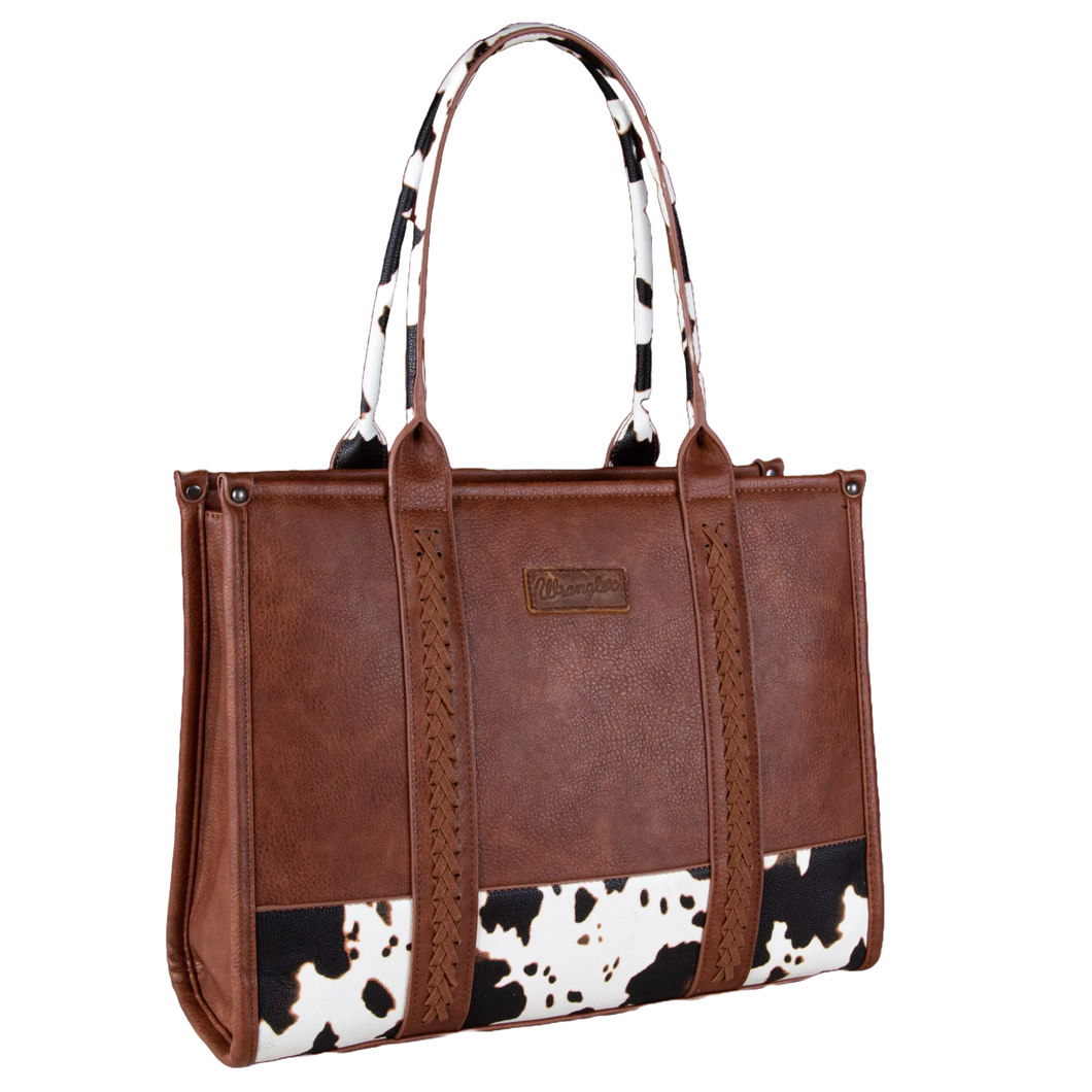 Wrangler Ladies Cow Print Concealed Carry Brown Wide Tote large