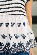 Load image into Gallery viewer, Too Sweet to Share Scalloped Hem Blouse in Ivory and Navy
