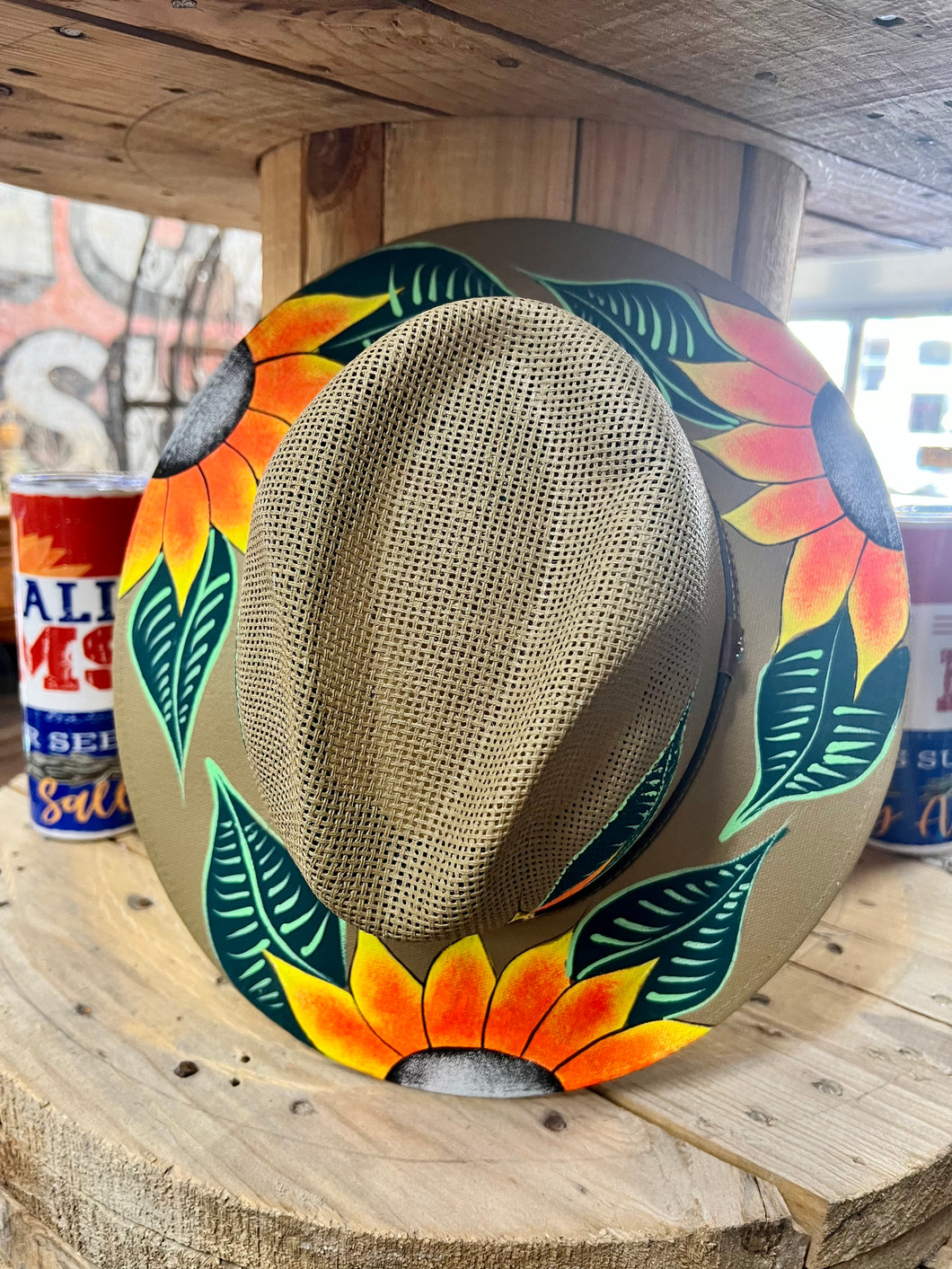 Hand Painted Floral Straw Hat- Brown