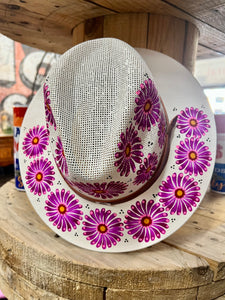 Hand Painted Floral Straw Hat- White