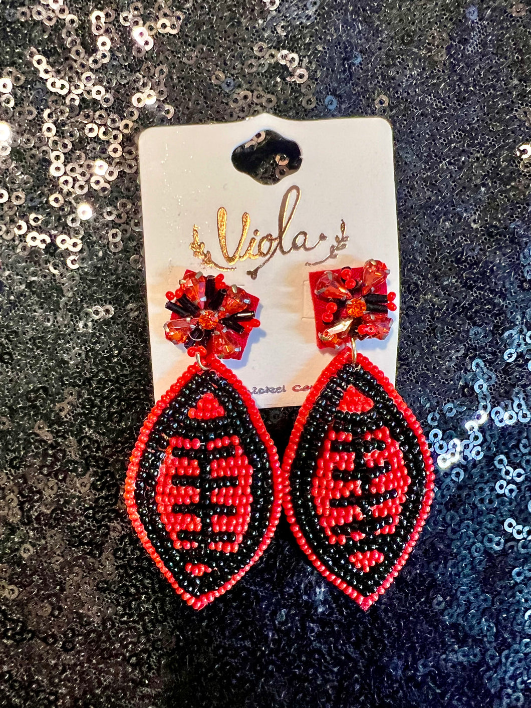 Red and Black Beaded Football Earrings