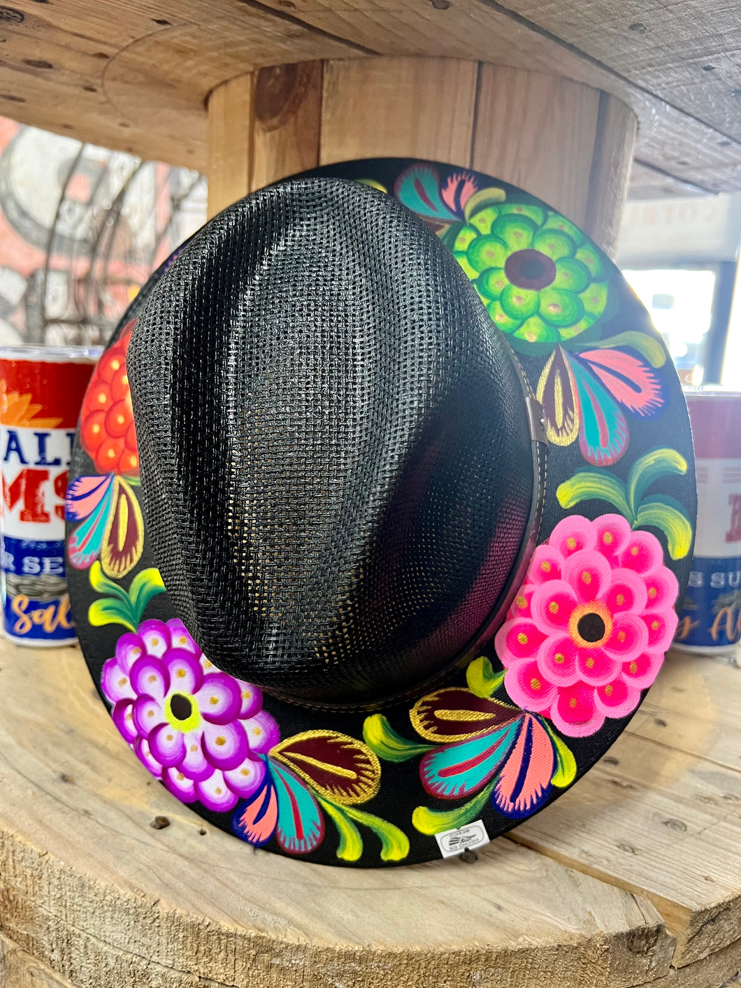 Hand Painted Floral Straw Hat- Black