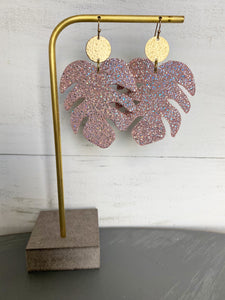 Monstera Leaf Leather Earring- Blush Pink Halo Sparkle
