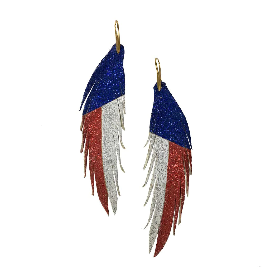 Red White & Blue Short Feather Leather Earrings- Texas