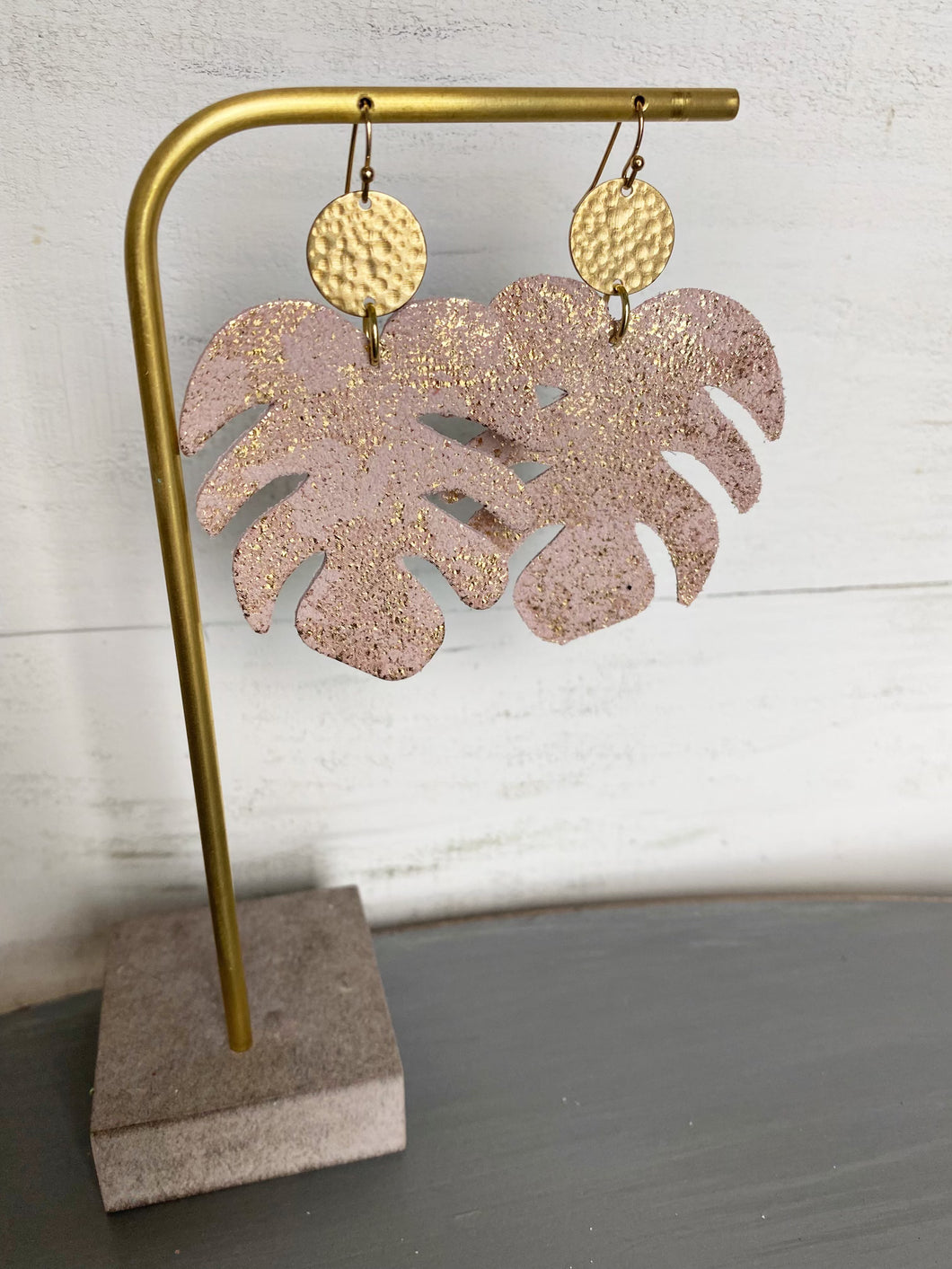 Monstera Leaf Leather Earring- Blush Pink/Gold Dust